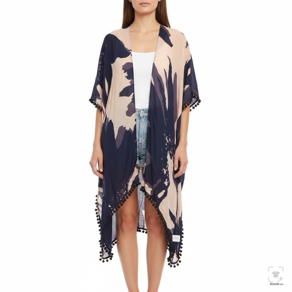 Paparazzi Viscose Shawl Wrap Peach Navy Abstract Pom Pom Accent Women